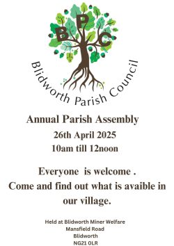2025 Annual Parish Assembly Poster 26 April, 10-12.00 at Blidworth Miners Welfare